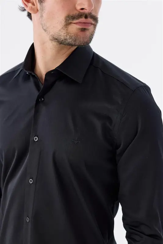 Black Slim Fit Italian Collar Long Sleeve Classic Dress Shirt 100% Cotton Sateen - 3