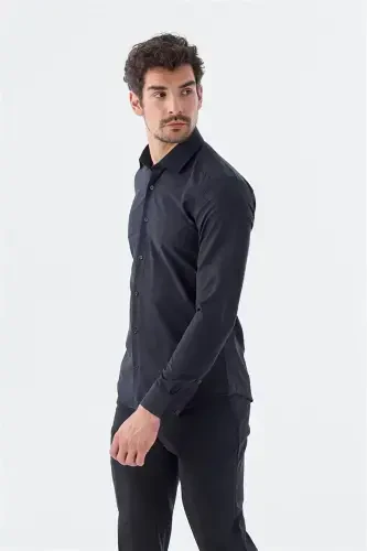 Black Slim Fit Italian Collar Long Sleeve Formal Tie-up Cotton Shirt - 3