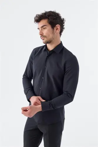 Black Slim Fit Italian Collar Long Sleeve Formal Tie-up Cotton Shirt - 1