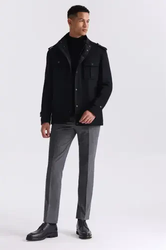 Black Slim Fit Mandarin Collar Epauletted Patterned Sport Wool Blend Coat - JAKAMEN (1)