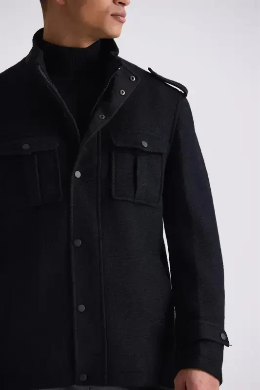 Black Slim Fit Mandarin Collar Epauletted Patterned Sport Wool Blend Coat - 3