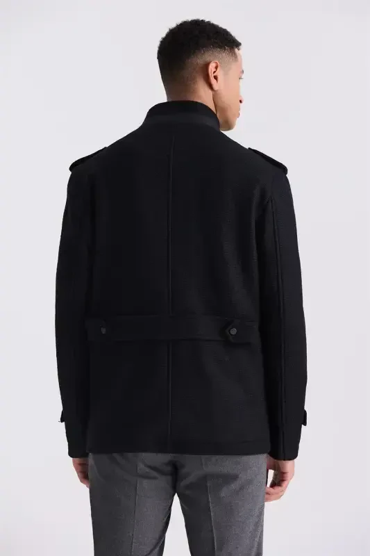 Black Slim Fit Mandarin Collar Epauletted Patterned Sport Wool Blend Coat - 4