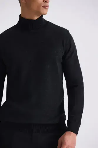 Black Slim Fit Mock Neck Knit Sweater - 3