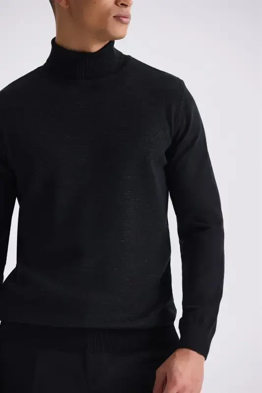 Black Slim Fit Mock Neck Knit Sweater - 3