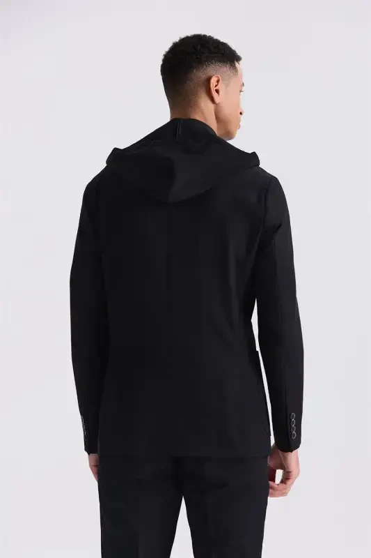 Black Slim Fit Mono Collar Hooded Sports Suit - 4