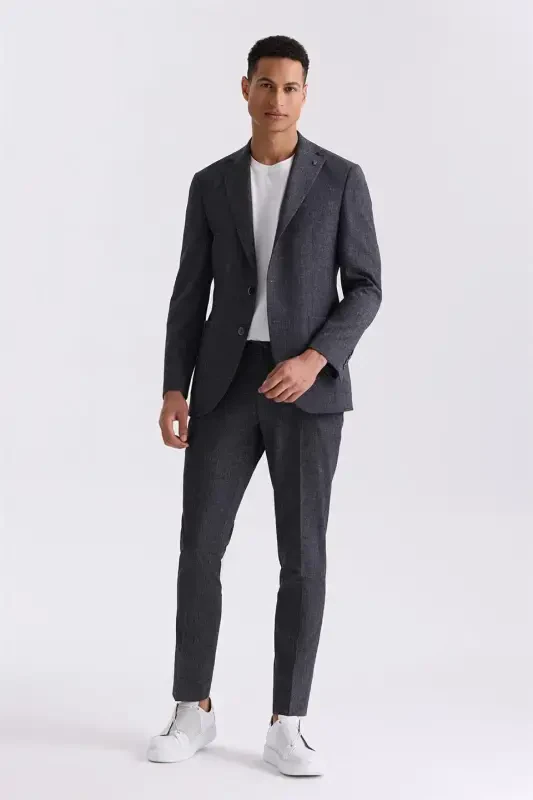 Black Slim Fit Mono Collar Linen Suit - 1
