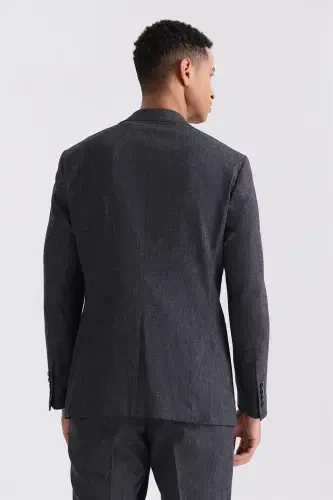 Black Slim Fit Mono Collar Linen Suit - 4