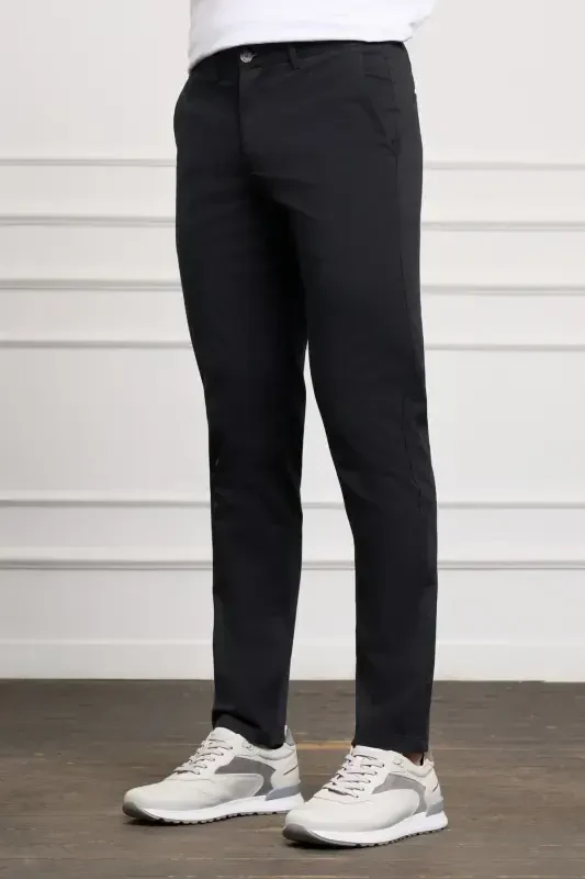 Black Slim Fit Narrow Cut Chino Side Pocket Men's Trousers-A.Black - 2