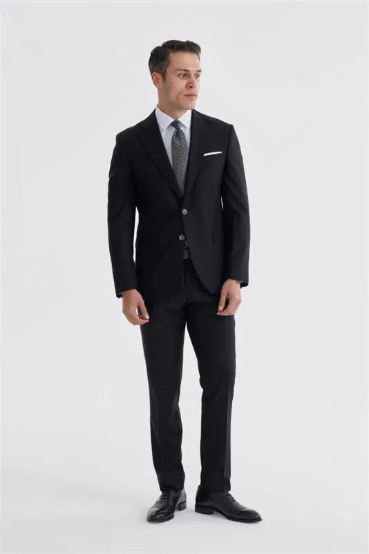 Black Slim Fit Notch Lapel Double Slit Plain Suit - 2