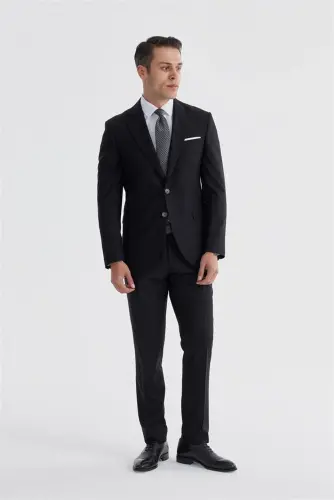 Black Slim Fit Notch Lapel Double Vent Plain Suit - 2