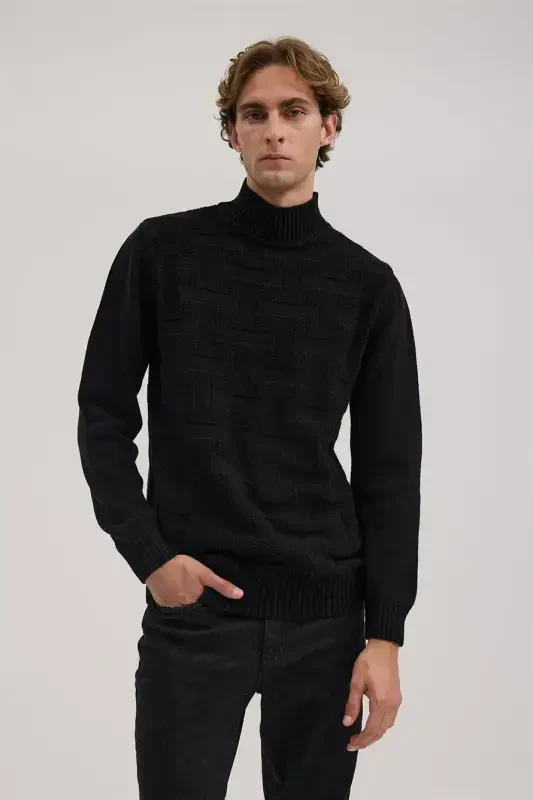 Black Slim Fit Patterned Cotton Turtleneck Knitwear - 1