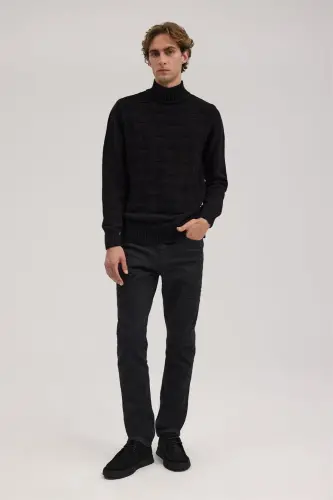 Black Slim Fit Patterned Cotton Turtleneck Knitwear - JAKAMEN (1)