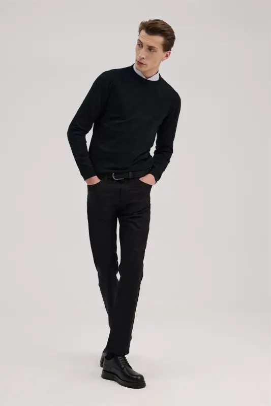 Black Slim Fit Patterned Crew Neck Knitwear - 2