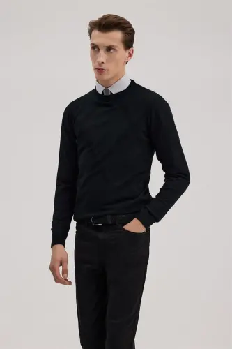 Black Slim Fit Patterned Crew Neck Knitwear - 1