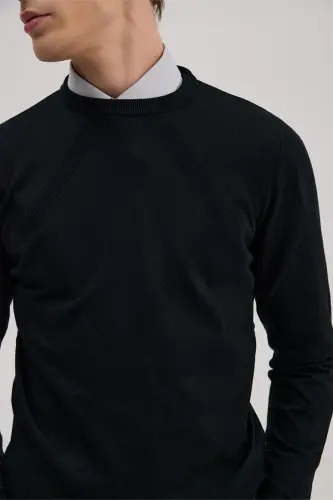 Black Slim Fit Patterned Crew Neck Knitwear - 3