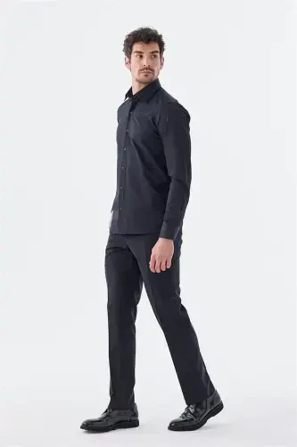 Black Slim Fit Patterned Italian Collar Classic Dress Cotton Shirt - 5