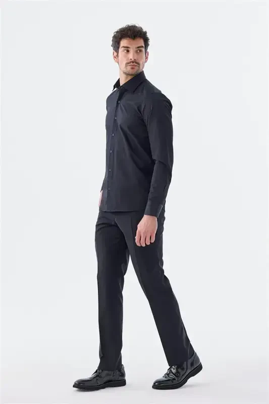 Black Slim Fit Patterned Italian Collar Classic Dress Cotton Shirt - 5