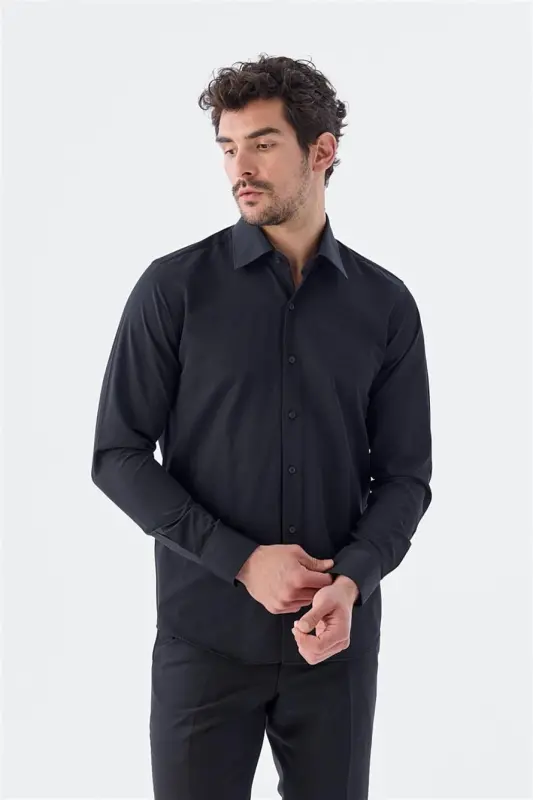 Black Slim Fit Patterned Italian Collar Classic Tie-compatible Cotton Shirt - 4