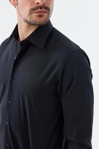 Black Slim Fit Patterned Italian Collar Classic Tie-compatible Cotton Shirt - 5