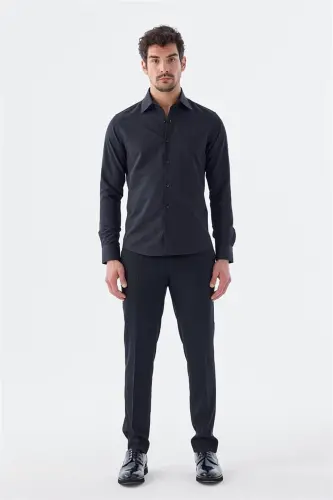 Black Slim Fit Patterned Italian Collar Classic Tie-compatible Cotton Shirt - 2