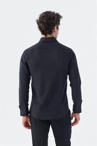 Black Slim Fit Patterned Italian Collar Classic Tie-compatible Cotton Shirt - 4