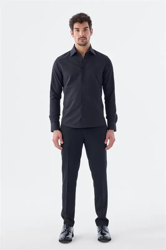 Black Slim Fit Patterned Italian Collar Classic Tie-compatible Cotton Shirt - 2