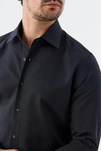 Black Slim Fit Patterned Italian Collar Classic Tie-compatible Cotton Shirt - 3