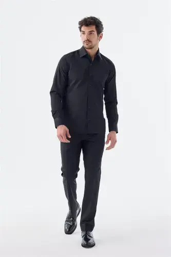 Black Slim Fit Patterned Italian Collar Classic Tie-Wear Cotton Shirt 