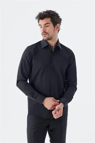 Black Slim Fit Patterned Italian Collar Classic Tie-Wear Cotton Shirt - 4