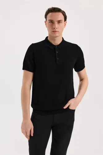 Black Slim Fit Patterned Knitted Polo Neck T-Shirt 