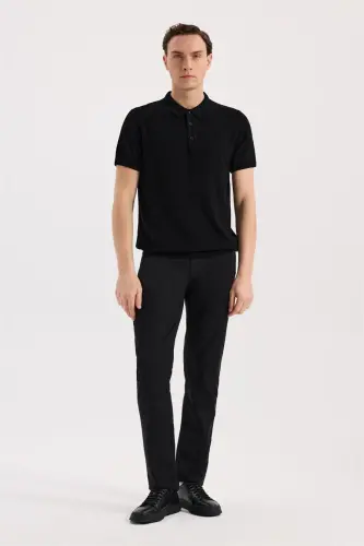 Black Slim Fit Patterned Knitted Polo Neck T-Shirt - JAKAMEN (1)