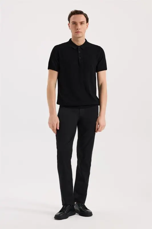 Black Slim Fit Patterned Knitted Polo Neck T-Shirt - 2