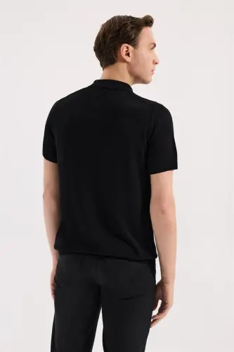 Black Slim Fit Patterned Knitted Polo Neck T-Shirt - 4