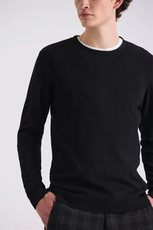 Black Slim Fit Patterned Knitted Sweater - 3