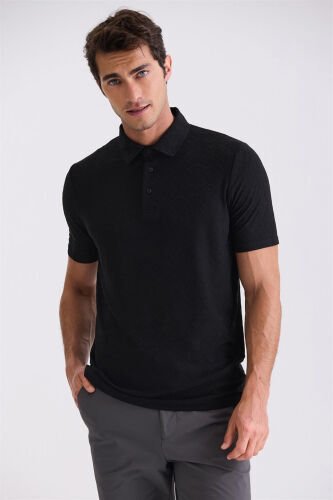 Black Slim Fit Patterned Polo Neck T-shirt - Modazone