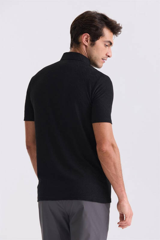 Black Slim Fit Patterned Polo Neck T-shirt - 3