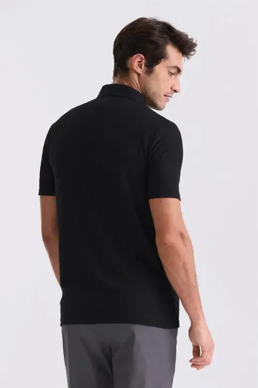 Black Slim Fit Patterned Polo Neck T-shirt - 3