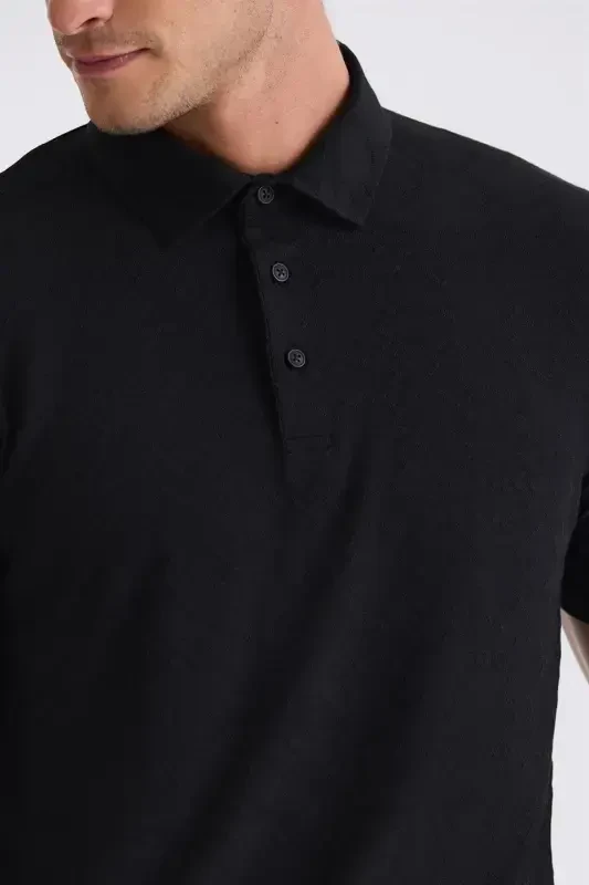 Black Slim Fit Patterned Polo Neck T-shirt - 4