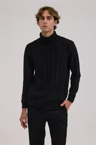 Black Slim Fit Patterned Turtleneck Knitwear 