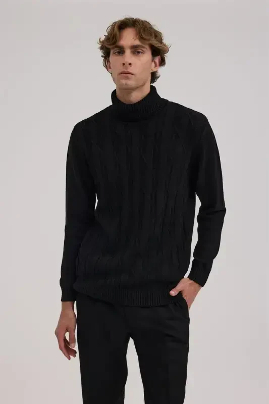 Black Slim Fit Patterned Turtleneck Knitwear - 1