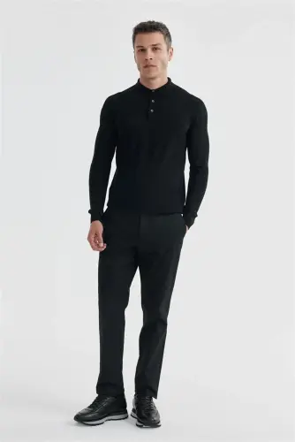 Black Slim Fit Patterned Wool Polo Neck Sweater 
