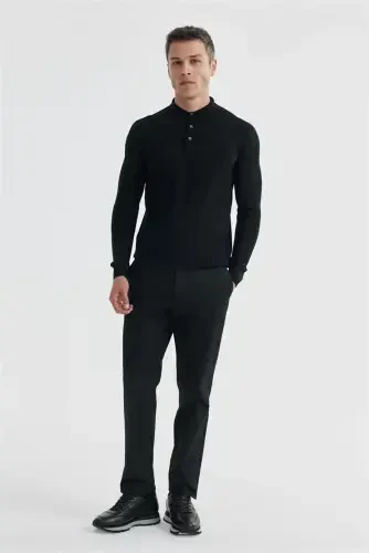 Black Slim Fit Patterned Wool Polo Neck Sweater - 1