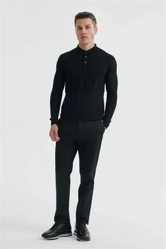 Black Slim Fit Patterned Wool Polo Neck Sweater - 1