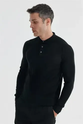 Black Slim Fit Patterned Wool Polo Neck Sweater - Modazone (1)