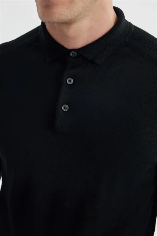 Black Slim Fit Patterned Wool Polo Neck Sweater - 3