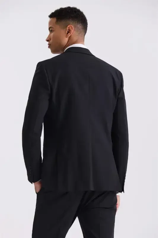 Black Slim Fit Peak Lapel Wool Suit Vest - 4