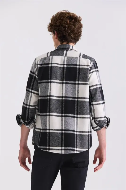 Black Slim Fit Plaid Cotton Pocket Flannel Shirt - 4