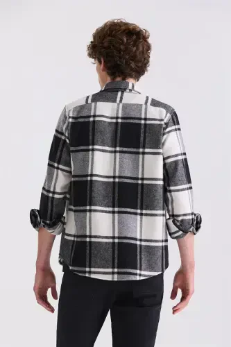 Black Slim Fit Plaid Cotton Pocket Lumberjack Shirt - 4