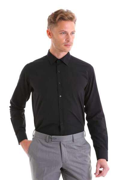 Black Slim Fit Plain Cotton Slim Collar Long Sleeve Kl - 3