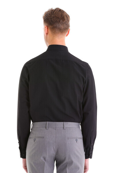 Black Slim Fit Plain Cotton Slim Collar Long Sleeve Kl - 6